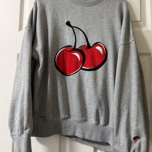 Gray Crewneck Sweater with Red Cherry Graphic